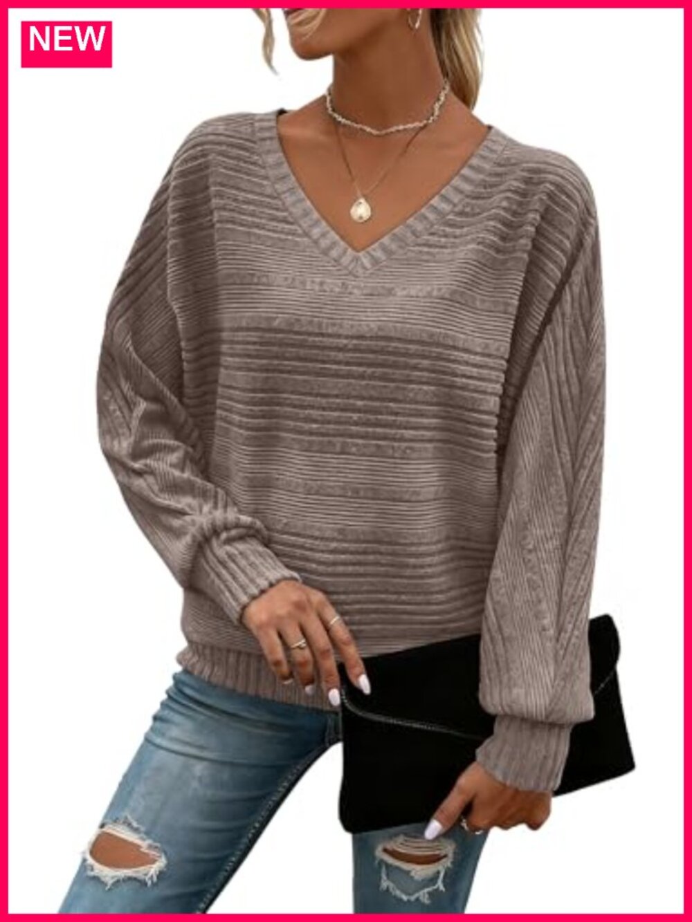 Women's V-Neck Batwing Long Sleeve Tunic Sweater Pullover Casual Top